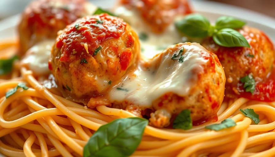 Appetizing chicken parmesan meatballs with spaghetti.