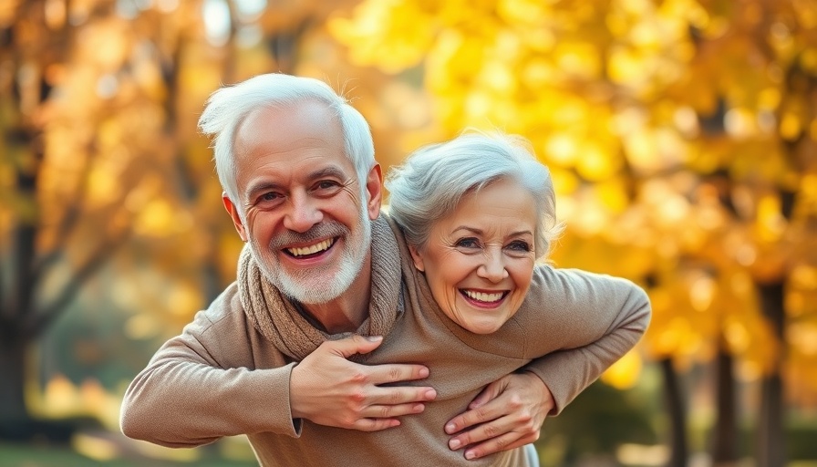 Cheerful older couple enjoying a piggyback ride in an autumn park.