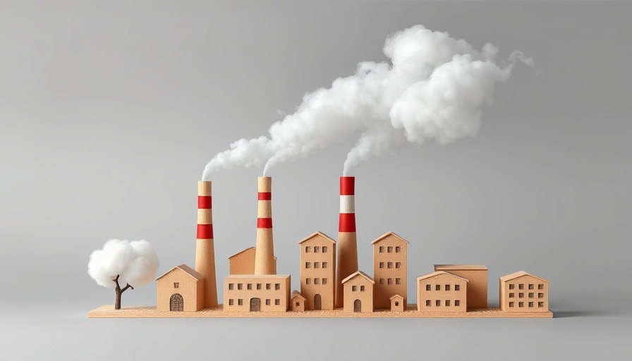 Wooden block factory with smoke clouds, small business carbon footprint concept.