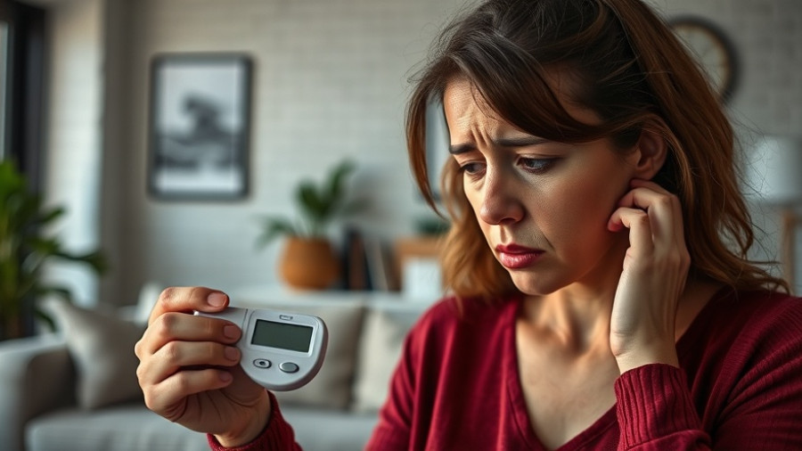 Stressed woman with glucose meter wondering if stress can raise blood sugar levels.