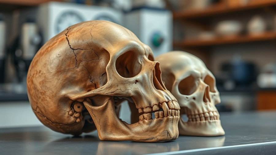 Ancient skull and modern replica on lab table highlighting human evolution.