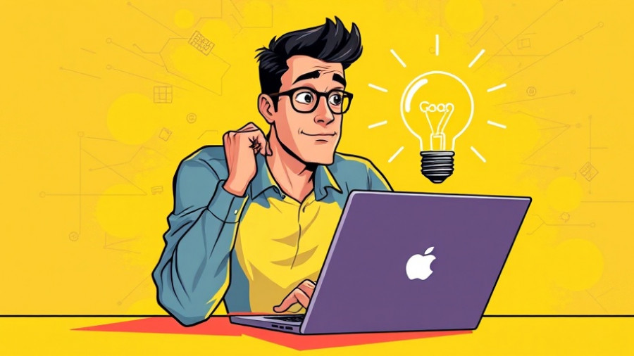 Illustration of a man thinking with laptop and light bulb, symbolizing innovation.