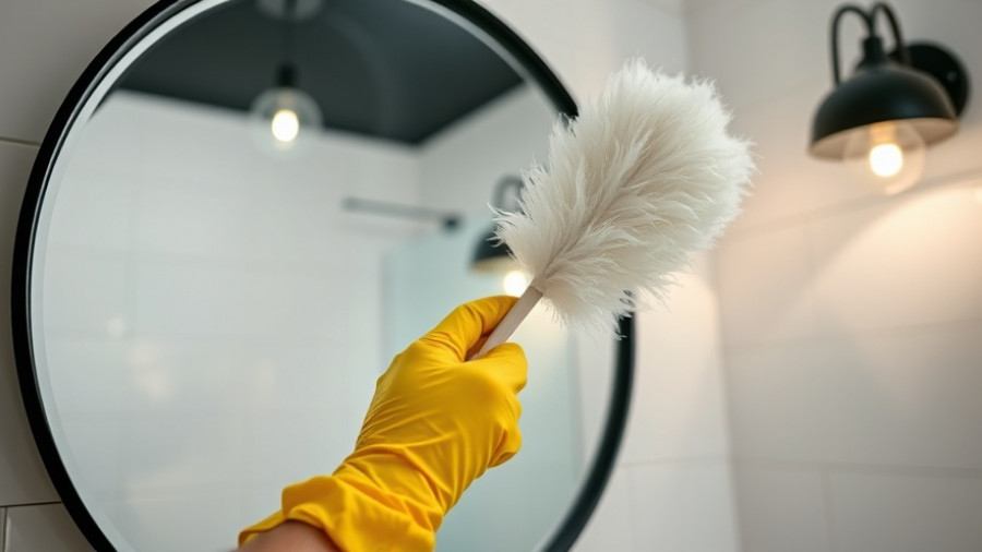 Dusting a bathroom mirror for how to keep dust down in your home.