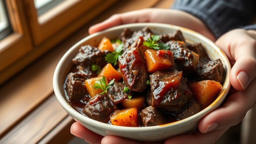 Balsamic Beef Stew Recipe close-up, colorful dish in a white bowl held in hands.