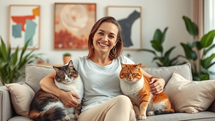 Smiling woman with cats in cozy living room, overcoming cat allergies.