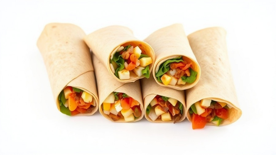 Easy breakfast burritos wrapped in paper, side by side on a white background.