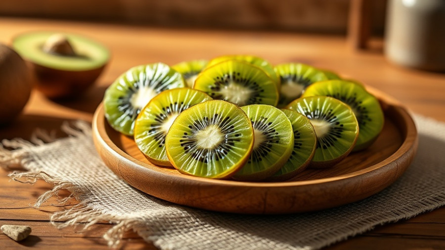 Fresh kiwi slices on a wooden plate for foods that help constipation.
