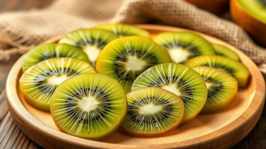 Kiwi slices on a wooden plate, foods that help constipation.