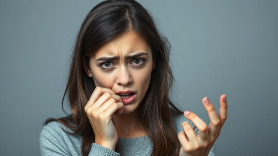 Young woman anxious, biting nails to prevent teeth grinding.