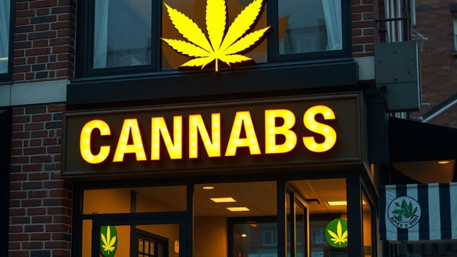 Cannabis shop sign with glowing letters and cannabis leaf, urban facade.