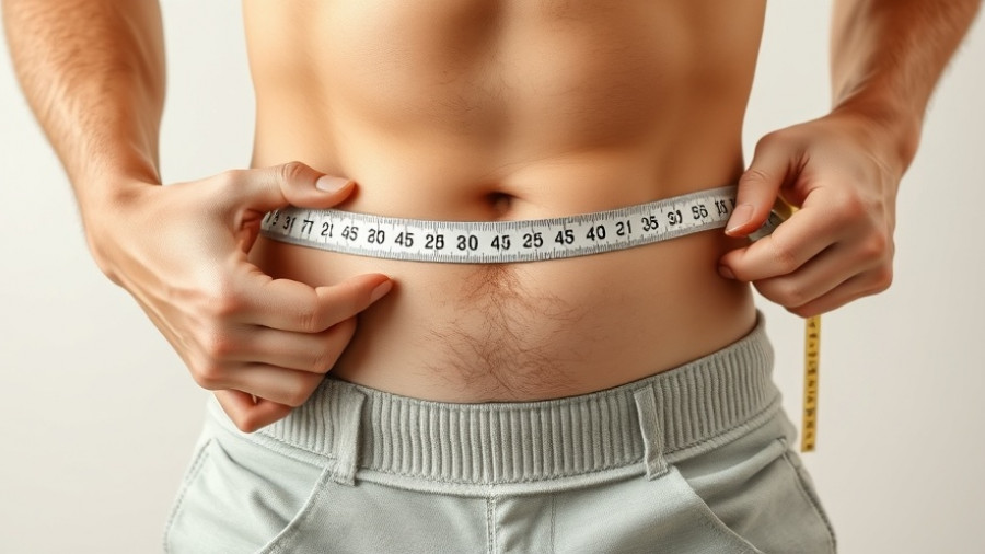 Person holding belly fat and measuring waist, symbolizing gut microbes and caloric extraction.