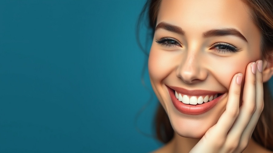 Smiling woman with clear skin, promoting diet for clearer skin.