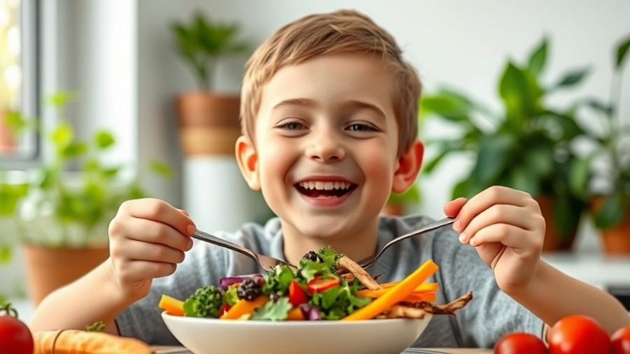Young boy enjoying vegan meal in bright kitchen setting.