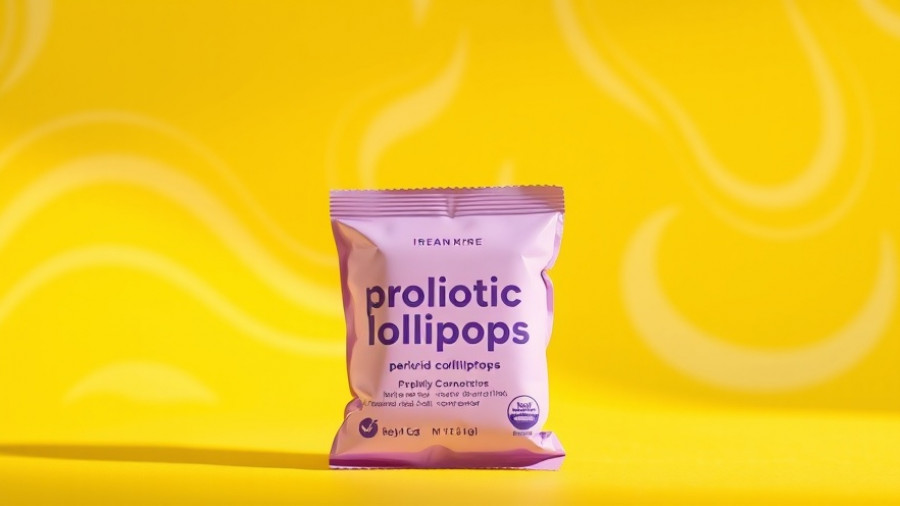 Probiotic lollipops package with vibrant yellow background.