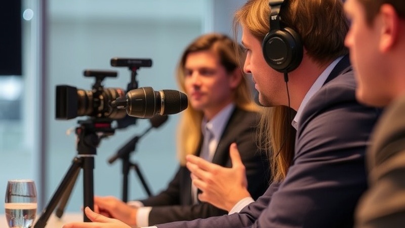 Engaging media speaking engagement with diverse audience in focus.