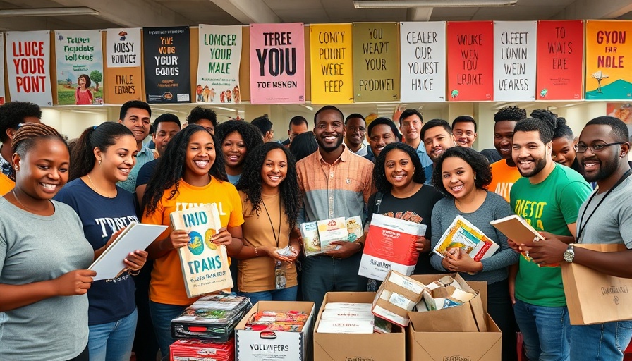 Enthusiastic volunteers organizing supplies in a community center.