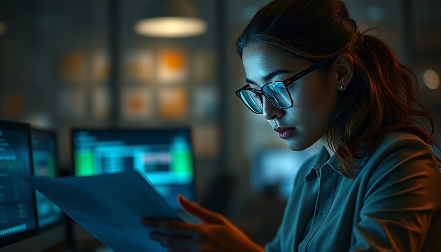 Professional woman editing at desk, late-night office glow.