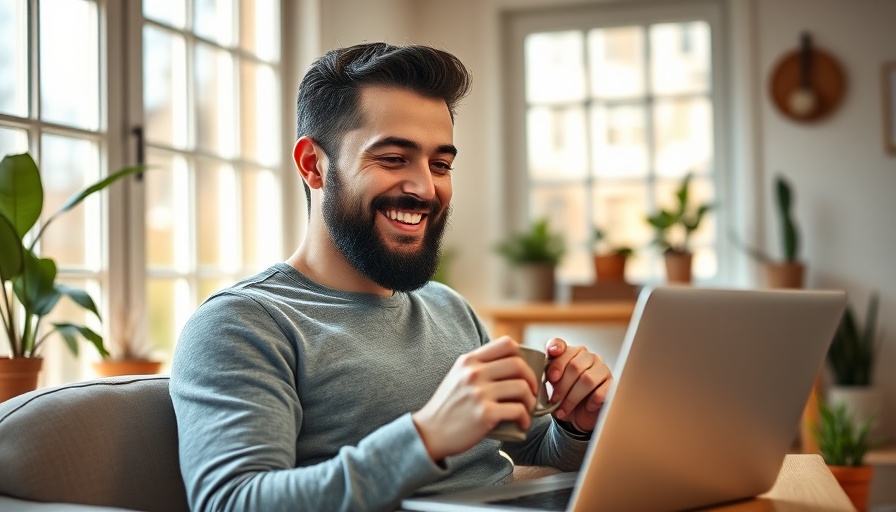 Smiling man working on laptop with coffee; Tech Solutions for Small Nonprofits.