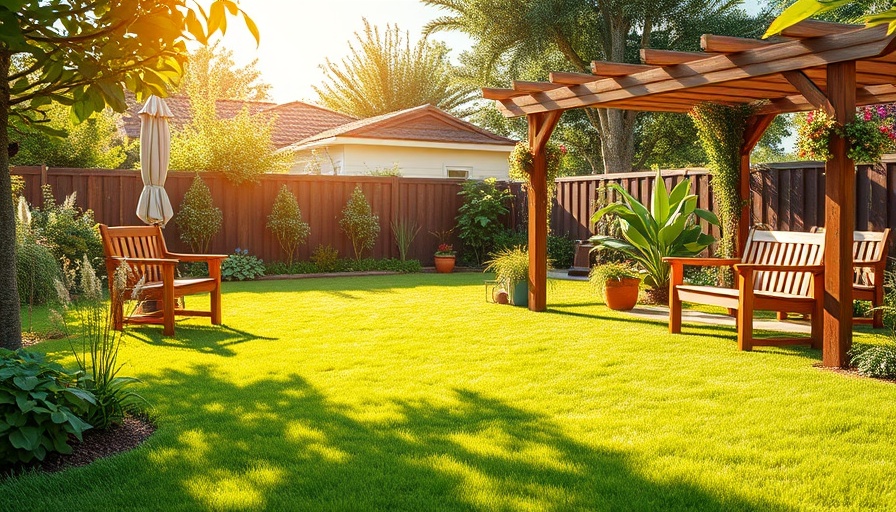 Backyard garden with benches and pergola, sustainable gardening tips for homeowners.