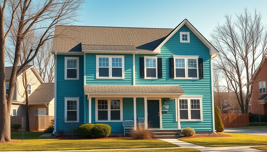 Charming teal duplex in a suburban area, managing a rental property out of state.