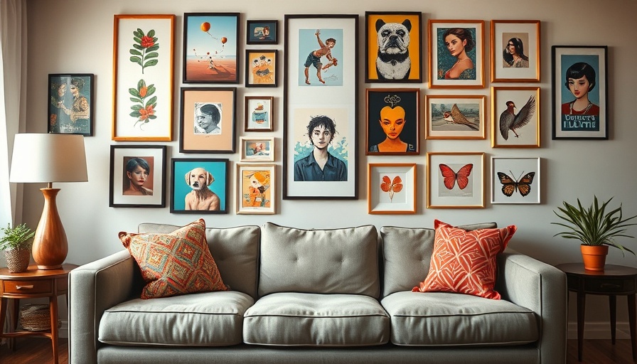 Gallery wall design ideas featuring eclectic framed art above a sofa.