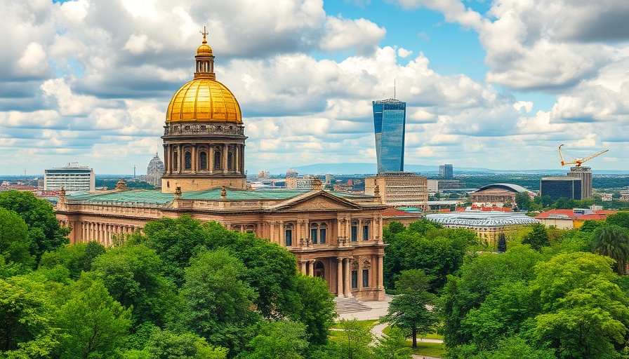Historic building with golden dome in green city park landscape.