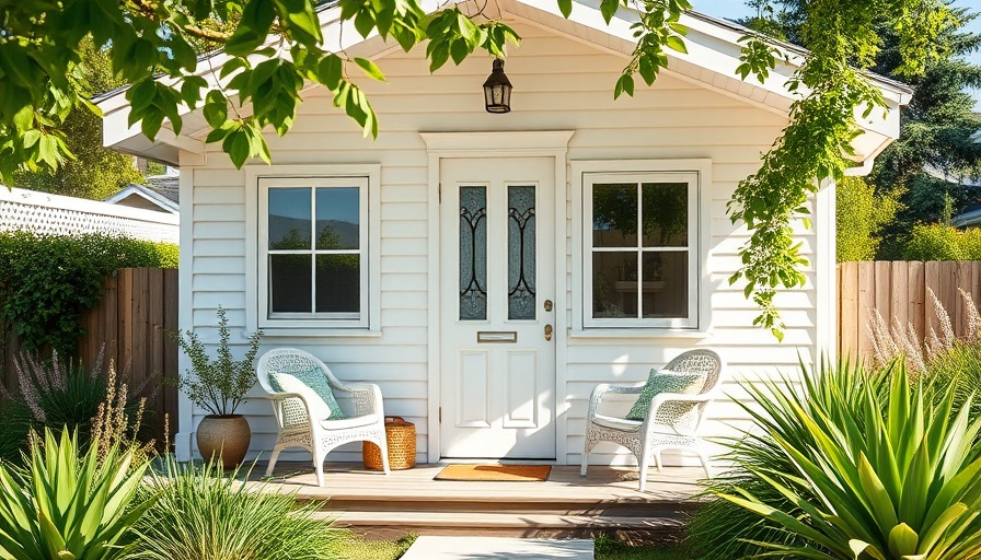 Benefits of downsizing your home illustrated by a cozy compact white house with a garden.
