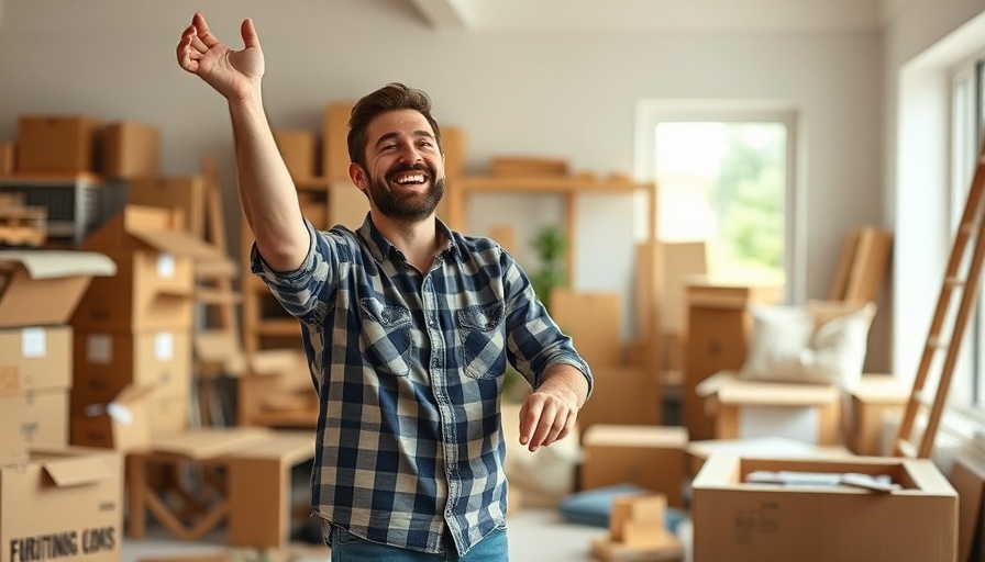 Man managing renovation stress by assembling furniture enthusiastically.