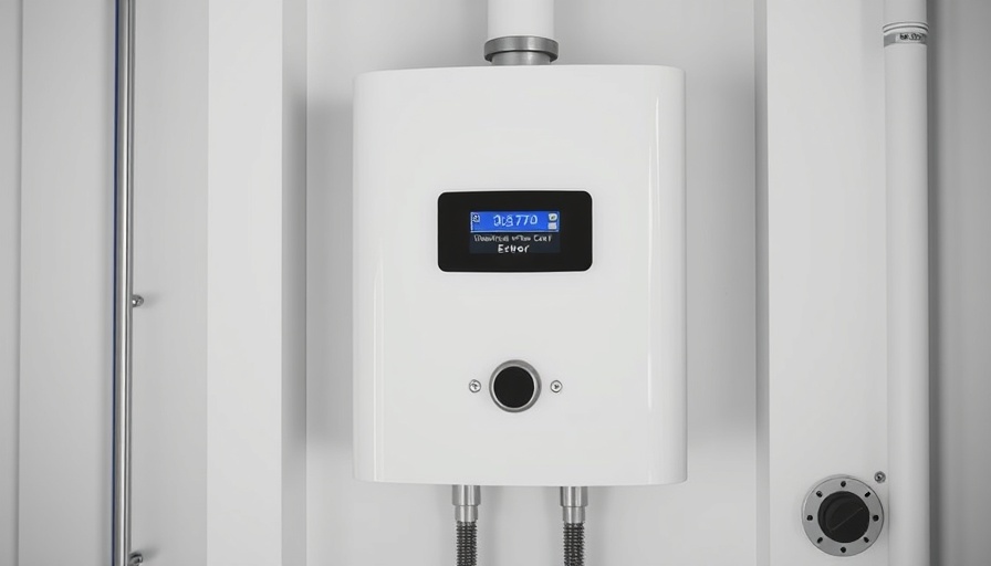 Modern tankless water heater displaying error codes in utility room.