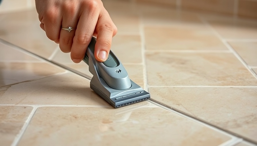 Hands demonstrating how to regrout tile using a tool.
