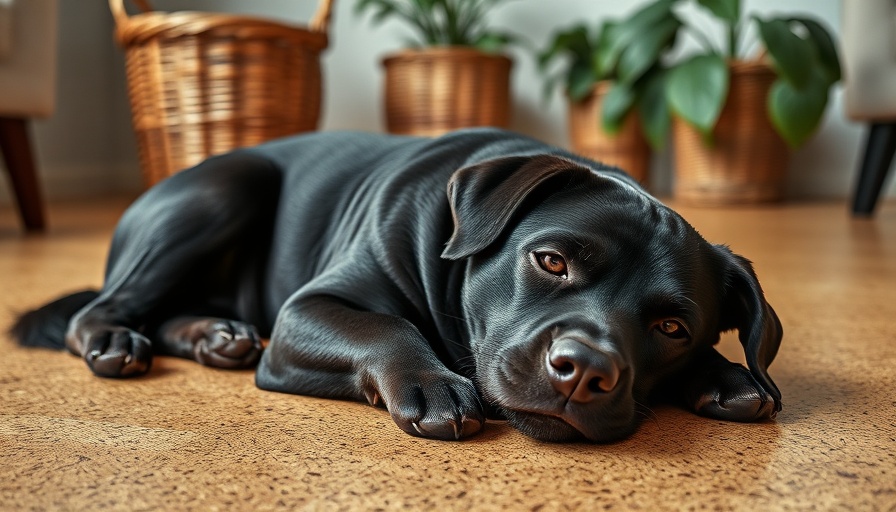 Calm black dog resting on cork flooring with a basket and plant nearby.