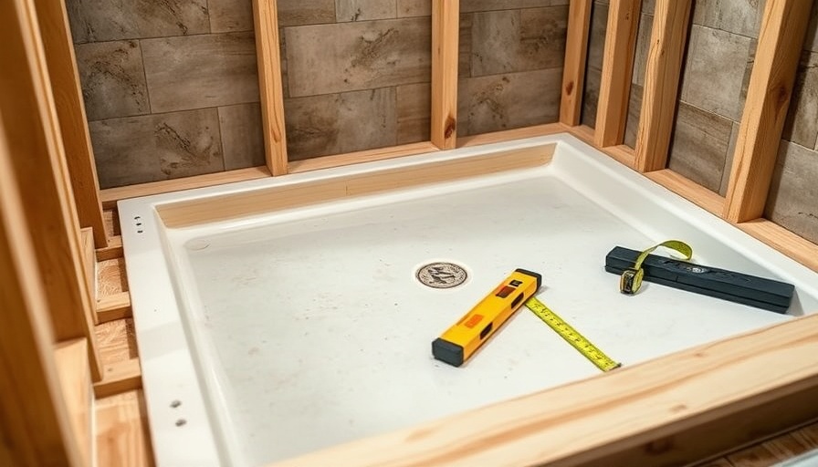 Building a shower base for walk-in shower with tools and materials.
