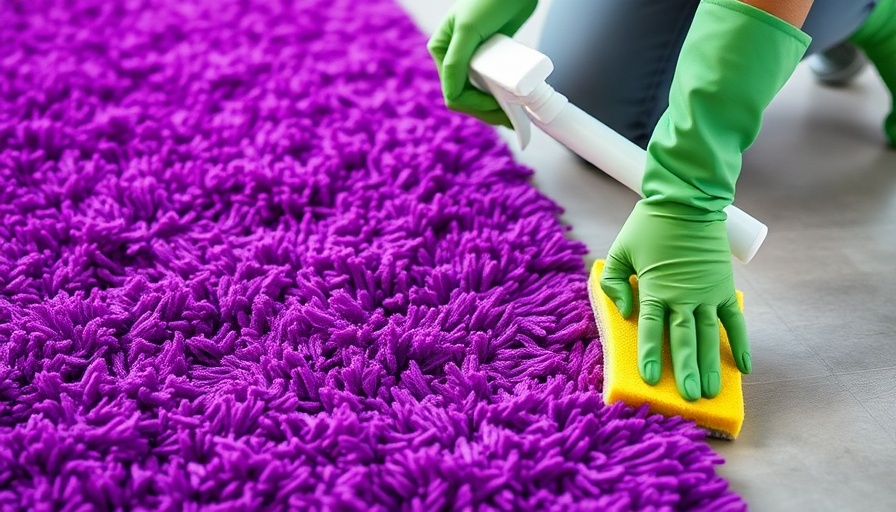 Person cleaning a purple polyester rug with gloves and sponge.