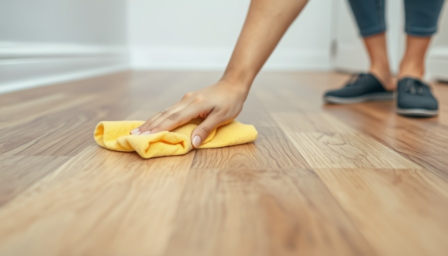 Cleaning haze from engineered hardwood floors with a yellow cloth.