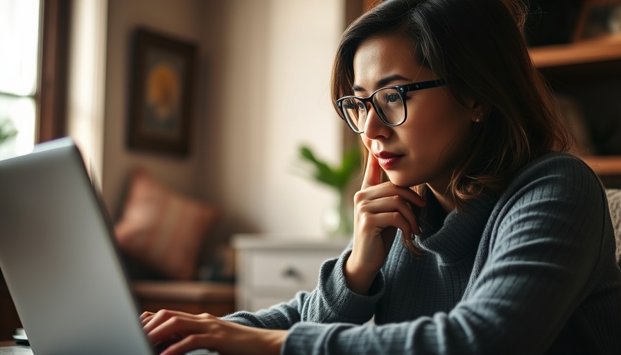 Woman exploring Grant Prospecting with AI on laptop, thoughtful expression.