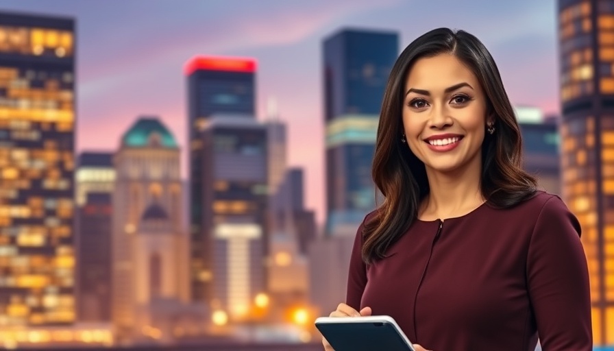 Kayland Hagwood signing off with a smile in front of cityscape.