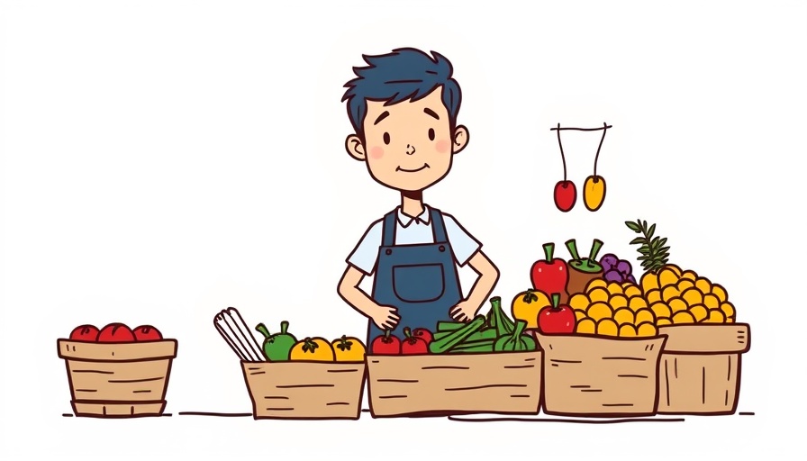 Illustration of a vendor selling fruits, cartoon style, affordable housing finance.
