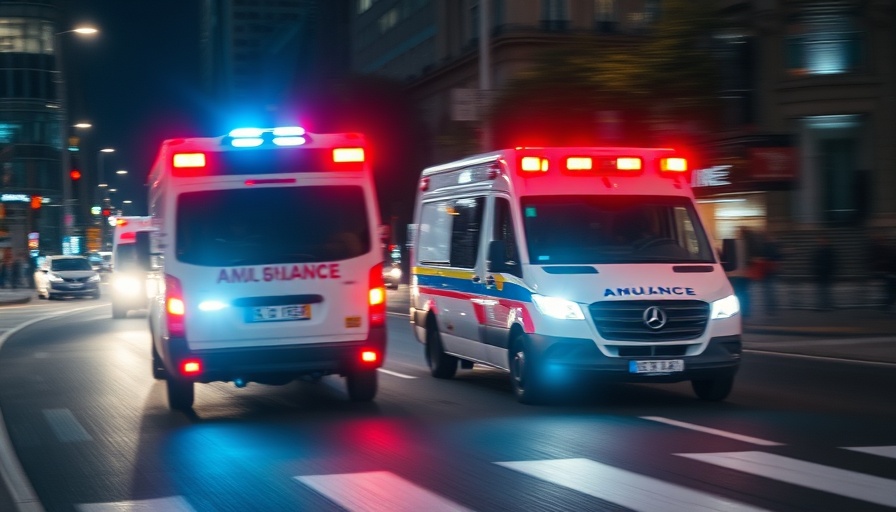 Dramatic emergency ambulance rushing scene at night with lights flashing