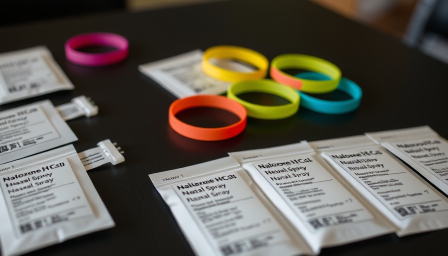 Open Arms Outreach Augusta supplies Naloxone kits and wristbands on table.