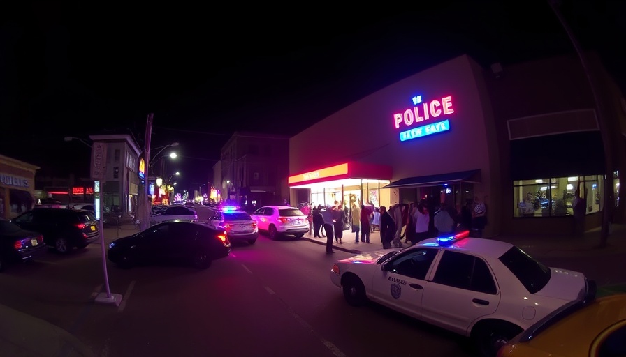 Myrtle Beach police scene at night with storefront and crowd.
