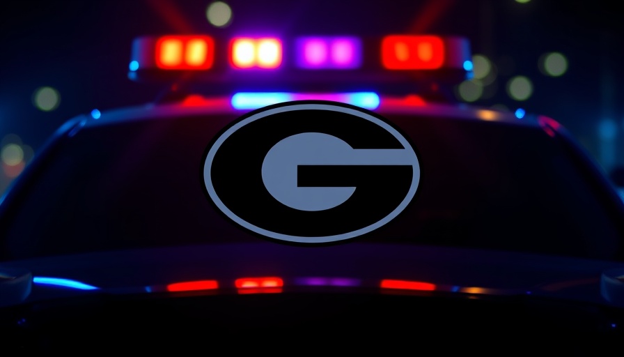 University of Georgia logo with police lights backdrop amid shooter hoax news.