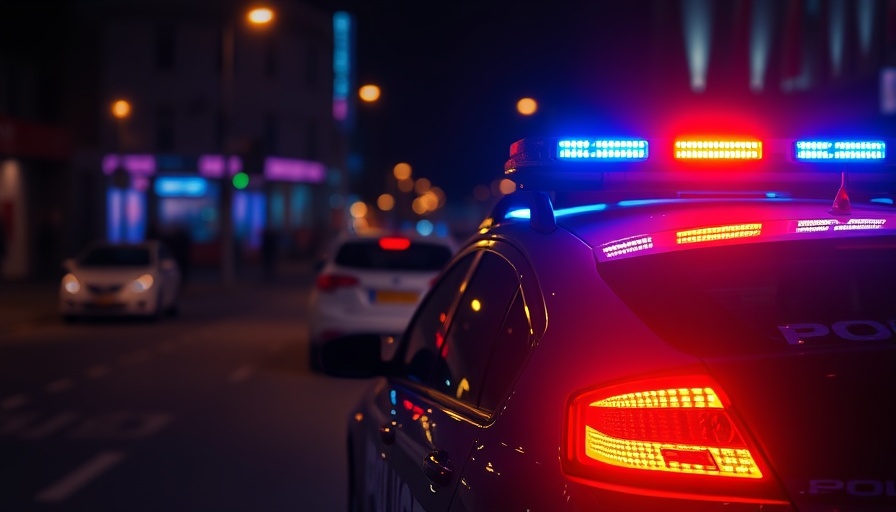 Police car with flashing lights in dark for search for suspect in Anderson County.