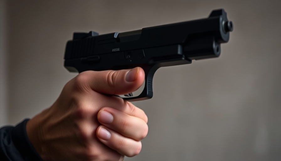 Close-up of hands holding a black handgun indoors.