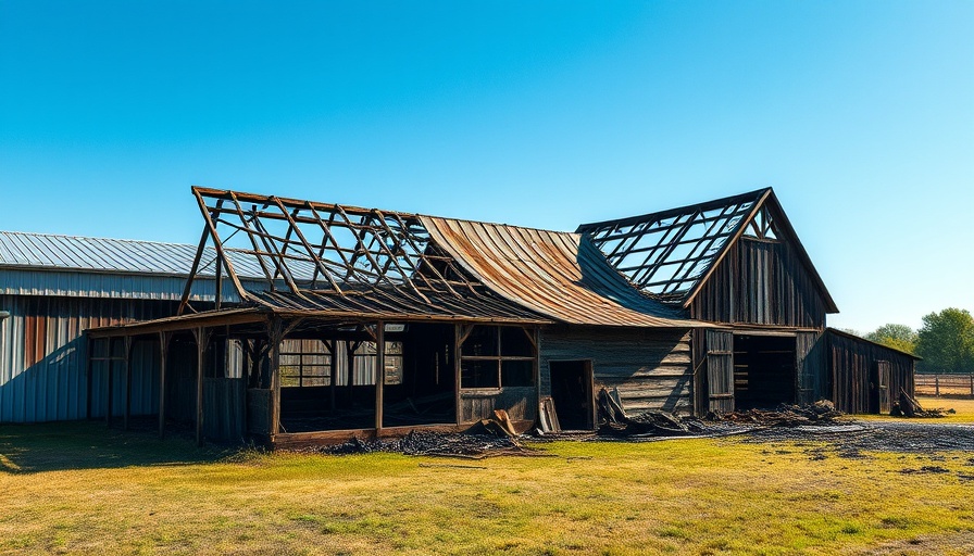 North Carolina house fire aftermath showing burnt barn next to building.