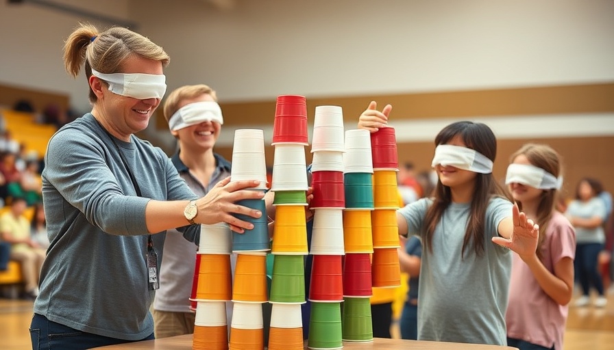 Participants in education activity stack cups while blindfolded.