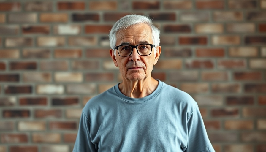 Older man facing camera calmly against brick wall backdrop