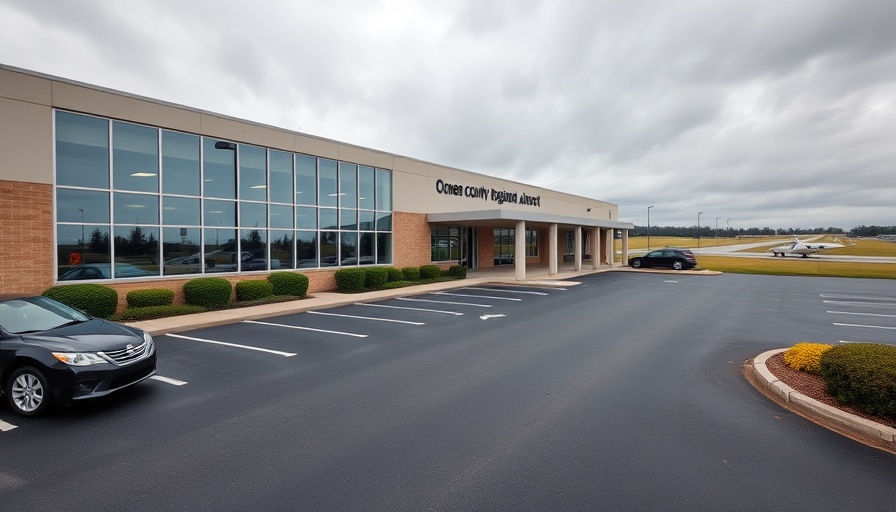 Oconee Regional Airport terminal building under clear sky with runway in view.