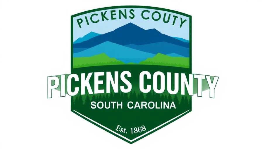Pickens County emblem with mountain and forest design.