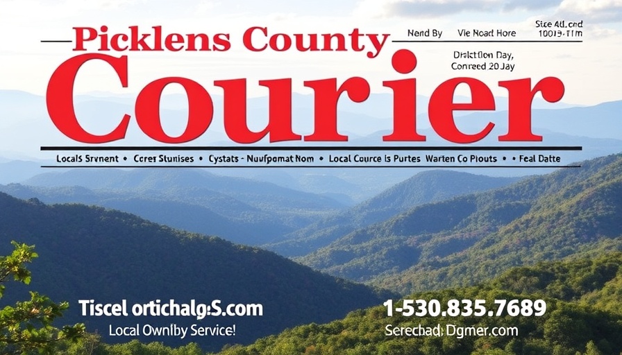 Pickens County Courier header with mountains and contact info.
