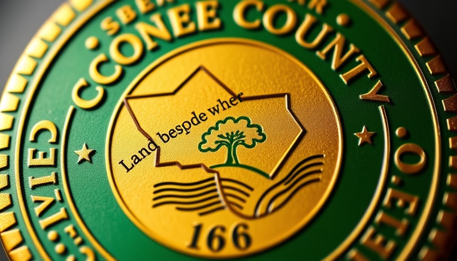 Oconee County seal with emblematic map and text, zoning updates context.